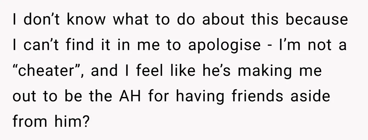 I don’t know what to do about this because I can’t find it in me to apologise - I’m not a “cheater”, and I feel like he’s making me out...