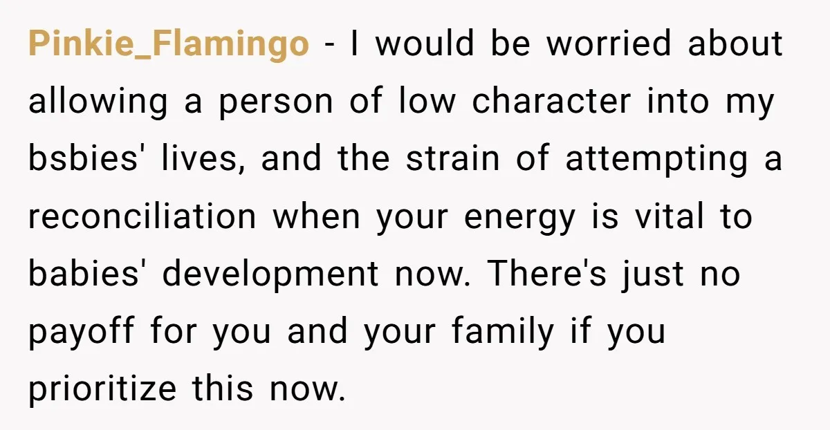 Pinkie_Flamingo - I would be worried about allowing a person of low character into my bsbies' lives, and the strain of attempting a reconciliation when your energy is vital to...