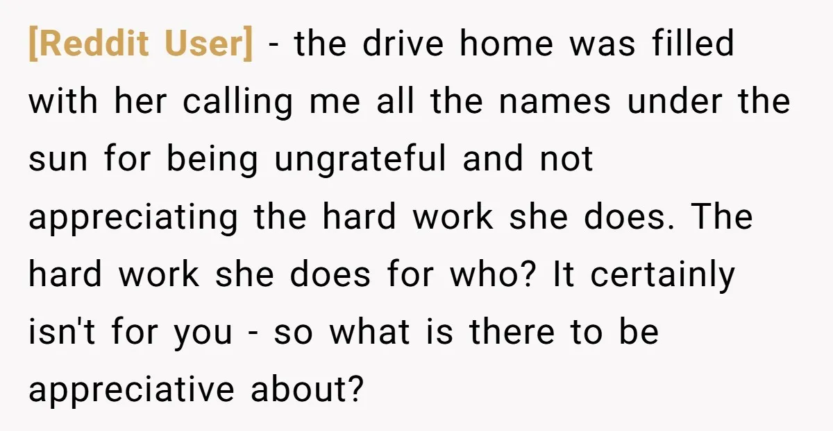 [Reddit User] - the drive home was filled with her calling me all the names under the sun for being ungrateful and not appreciating the hard work she does. The...
