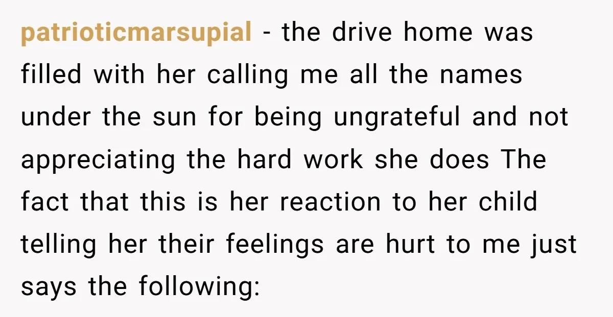 patrioticmarsupial - the drive home was filled with her calling me all the names under the sun for being ungrateful and not appreciating the hard work she does The fact...