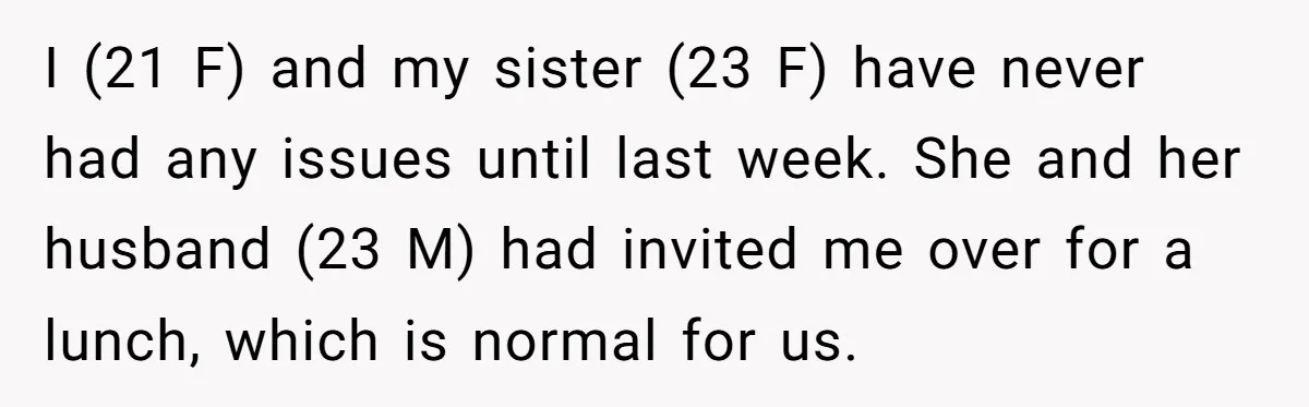 I (21 F) and my sister (23 F) have never had any issues until last week. She and her husband (23 M) had invited me over for a lunch, which...
