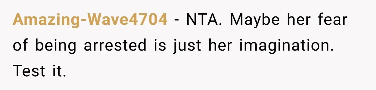 Amazing-Wave4704 − NTA. Maybe her fear of being arrested is just her imagination. Test it.