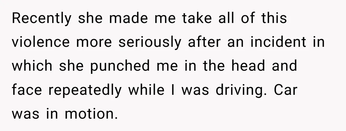 Recently she made me take all of this violence more seriously after an incident in which she punched me in the head and face repeatedly while I was driving. Car...