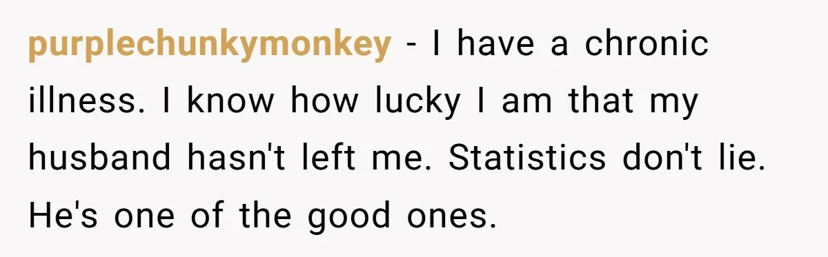 purplechunkymonkey − I have a chronic illness. I know how lucky I am that my husband hasn't left me. Statistics don't lie. He's one of the good ones.