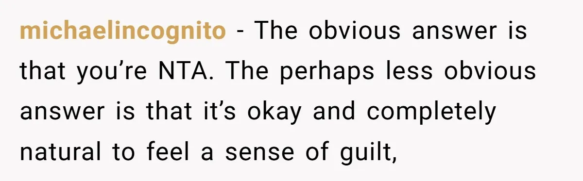 michaelincognito − The obvious answer is that you’re NTA. The perhaps less obvious answer is that it’s okay and completely natural to feel a sense of guilt,