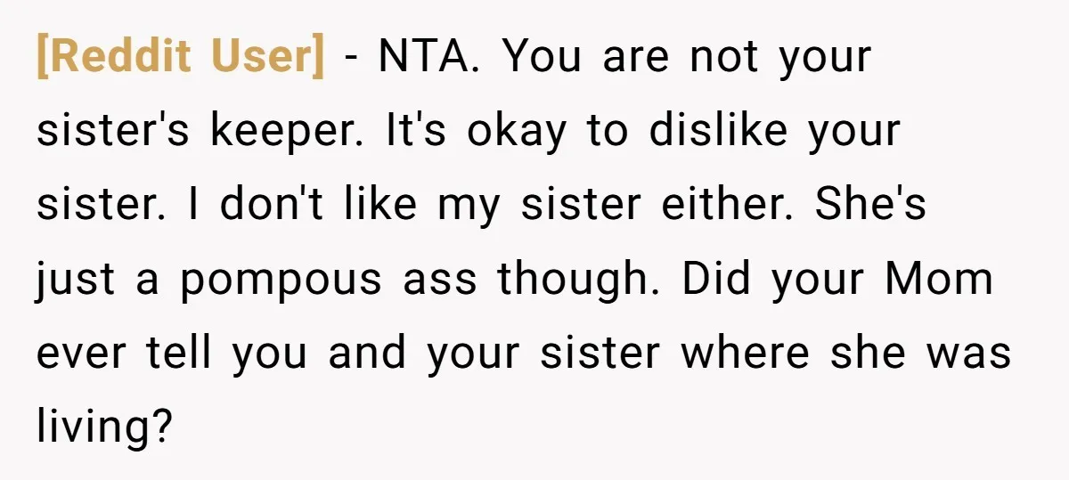 [Reddit User] − NTA. You are not your sister's keeper. It's okay to dislike your sister. I don't like my sister either. She's just a pompous ass though. Did your...