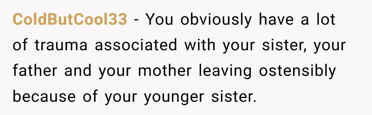 ColdButCool33 − You obviously have a lot of trauma associated with your sister, your father and your mother leaving ostensibly because of your younger sister.