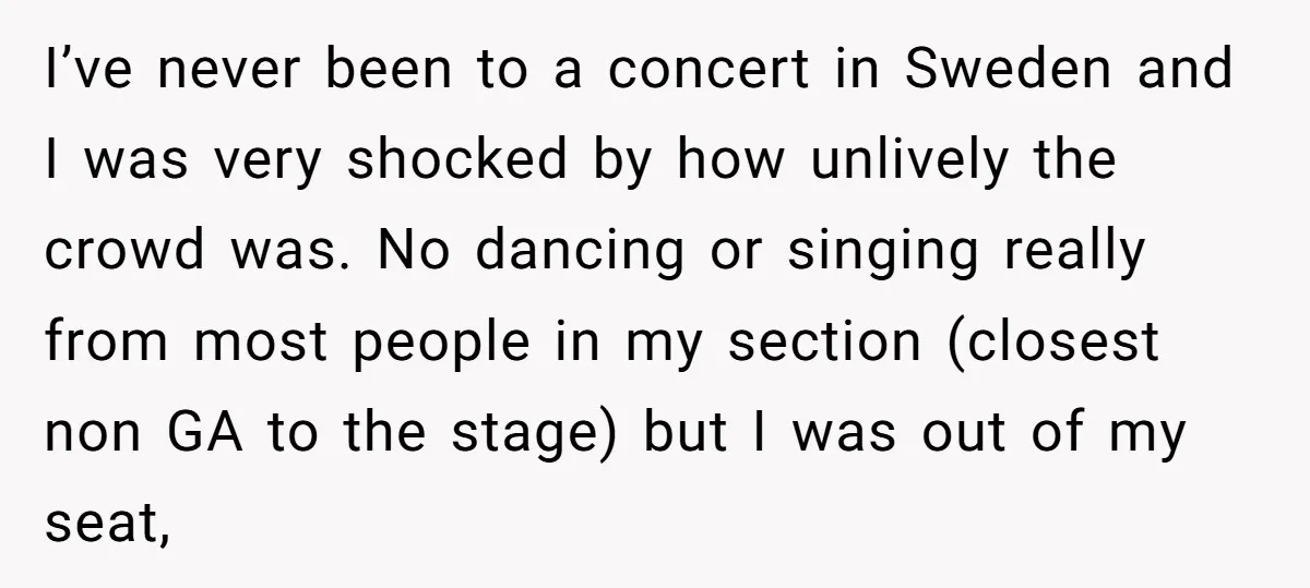 I’ve never been to a concert in Sweden and I was very shocked by how unlively the crowd was. No dancing or singing really from most people in my section...