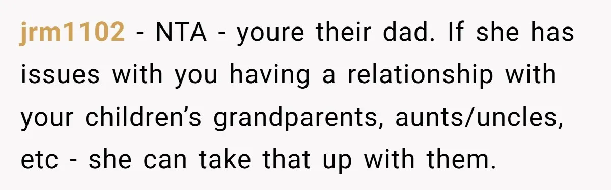 jrm1102 − NTA - youre their dad. If she has issues with you having a relationship with your children’s grandparents, aunts/uncles, etc - she can take that up with them.