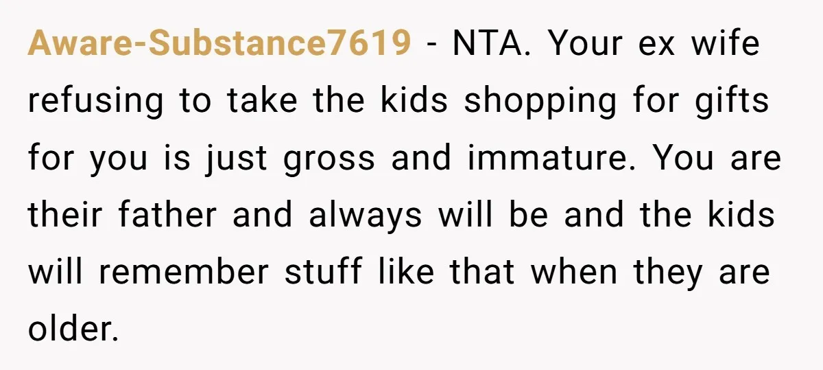 Aware-Substance7619 − NTA. Your ex wife refusing to take the kids shopping for gifts for you is just gross and immature. You are their father and always will be and...