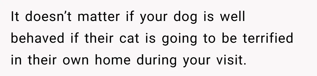 It doesn’t matter if your dog is well behaved if their cat is going to be terrified in their own home during your visit.