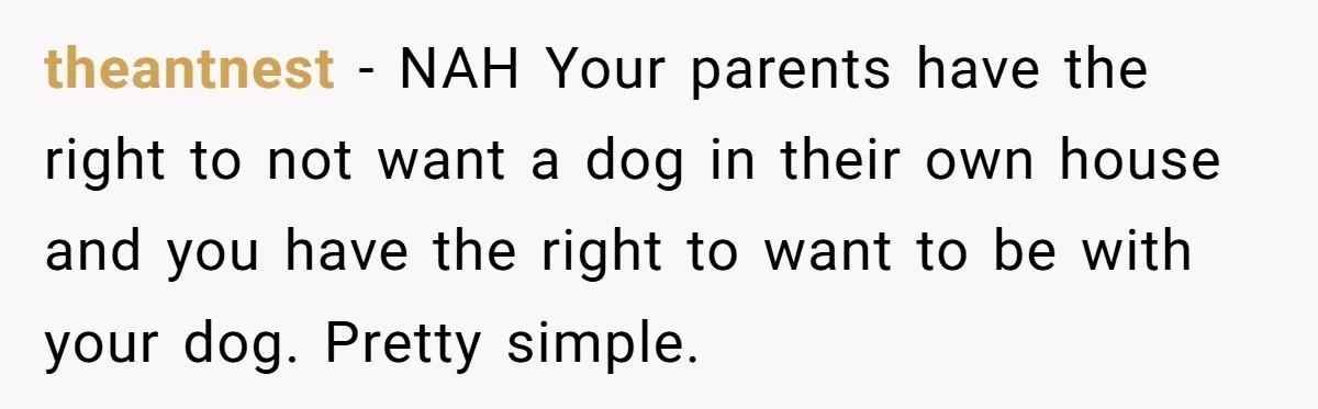 theantnest − NAH Your parents have the right to not want a dog in their own house and you have the right to want to be with your dog. Pretty...