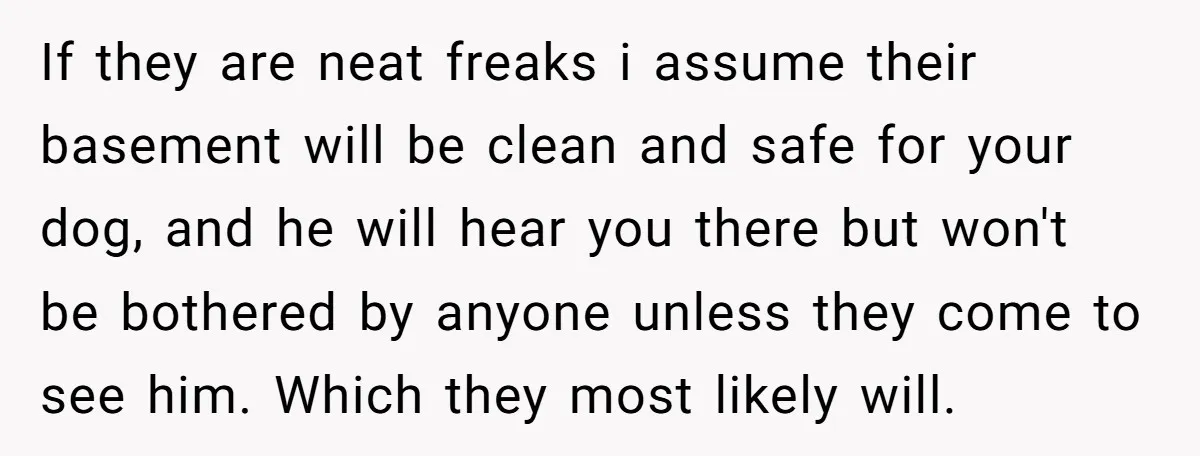 If they are neat freaks i assume their basement will be clean and safe for your dog, and he will hear you there but won't be bothered by anyone unless...