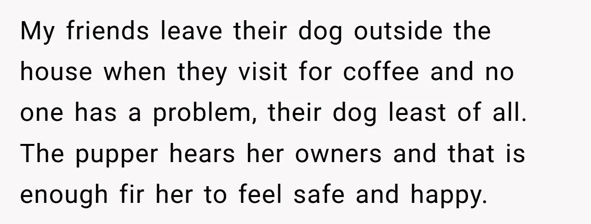 My friends leave their dog outside the house when they visit for coffee and no one has a problem, their dog least of all. The pupper hears her owners and...