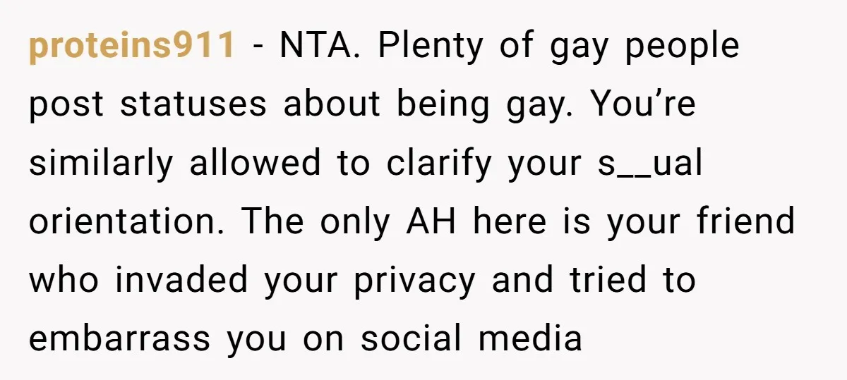 proteins911 − NTA. Plenty of gay people post statuses about being gay. You’re similarly allowed to clarify your s__ual orientation. The only AH here is your friend who invaded your...