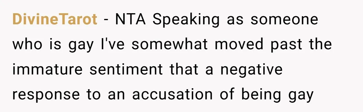 DivineTarot − NTA Speaking as someone who is gay I've somewhat moved past the immature sentiment that a negative response to an accusation of being gay