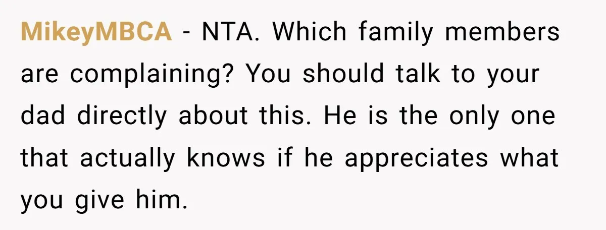 MikeyMBCA − NTA. Which family members are complaining? You should talk to your dad directly about this. He is the only one that actually knows if he appreciates what you...