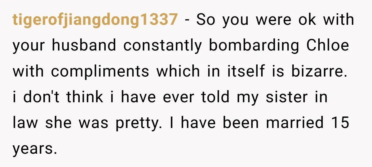 tigerofjiangdong1337 − So you were ok with your husband constantly bombarding Chloe with compliments which in itself is bizarre. i don't think i have ever told my sister in law...