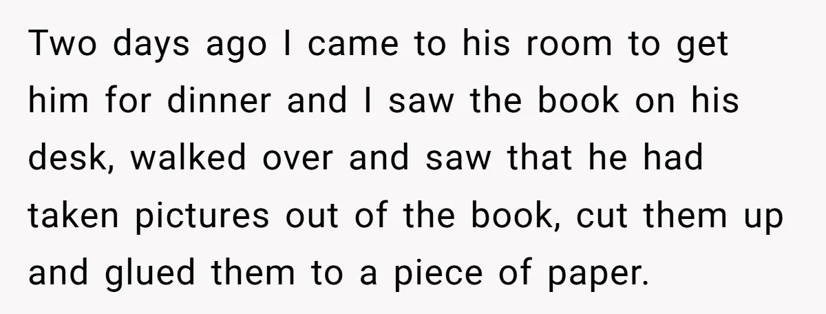 Two days ago I came to his room to get him for dinner and I saw the book on his desk, walked over and saw that he had taken pictures...