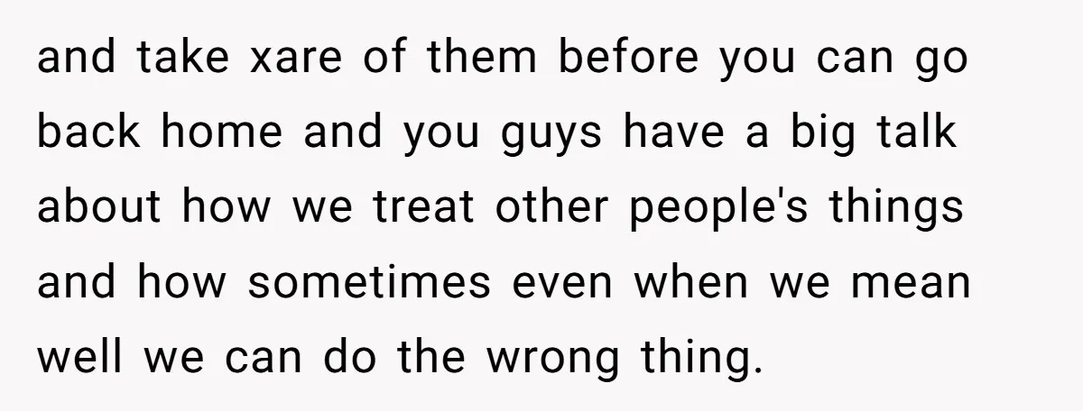 and take xare of them before you can go back home and you guys have a big talk about how we treat other people's things and how sometimes even when...