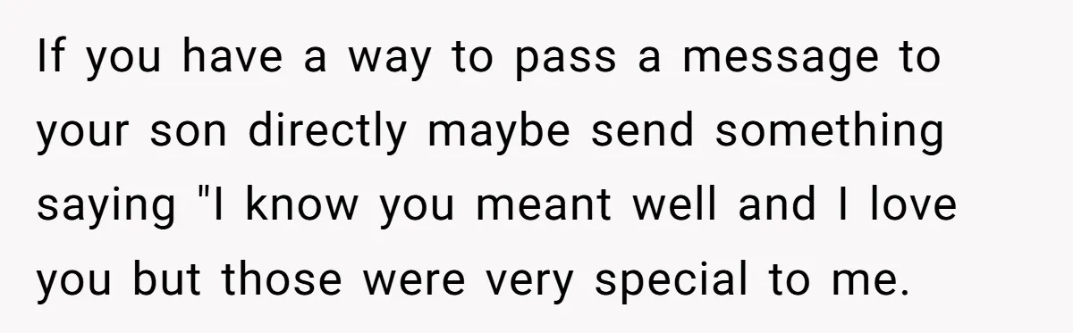 If you have a way to pass a message to your son directly maybe send something saying "I know you meant well and I love you but those were very...