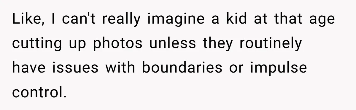 Like, I can't really imagine a kid at that age cutting up photos unless they routinely have issues with boundaries or impulse control.