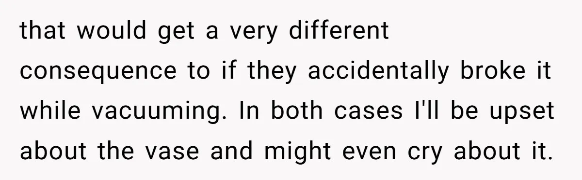 that would get a very different consequence to if they accidentally broke it while vacuuming. In both cases I'll be upset about the vase and might even cry about it.