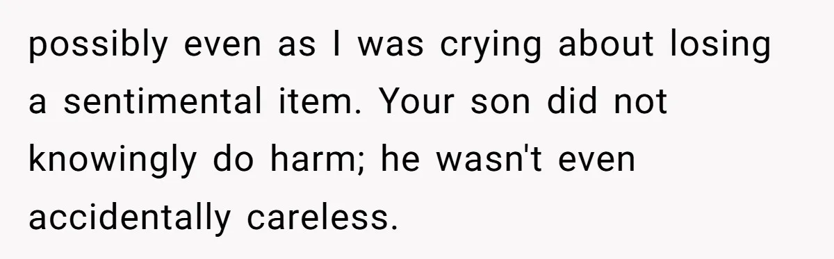 possibly even as I was crying about losing a sentimental item. Your son did not knowingly do harm; he wasn't even accidentally careless.