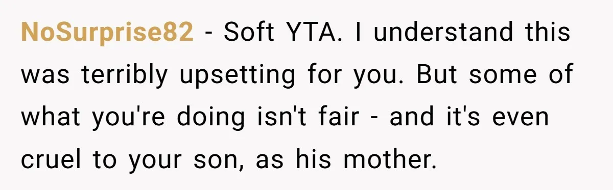 NoSurprise82 − Soft YTA. I understand this was terribly upsetting for you. But some of what you're doing isn't fair - and it's even cruel to your son, as his...