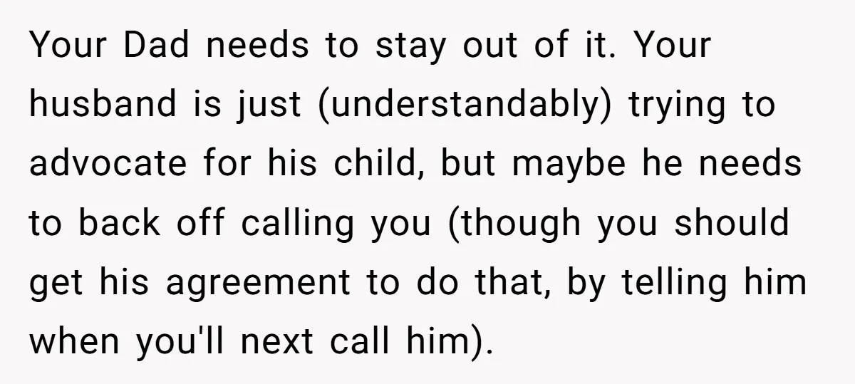 Your Dad needs to stay out of it. Your husband is just (understandably) trying to advocate for his child, but maybe he needs to back off calling you (though you...