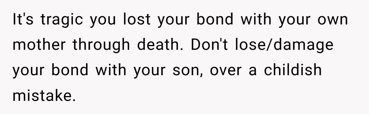 It's tragic you lost your bond with your own mother through death. Don't lose/damage your bond with your son, over a childish mistake.