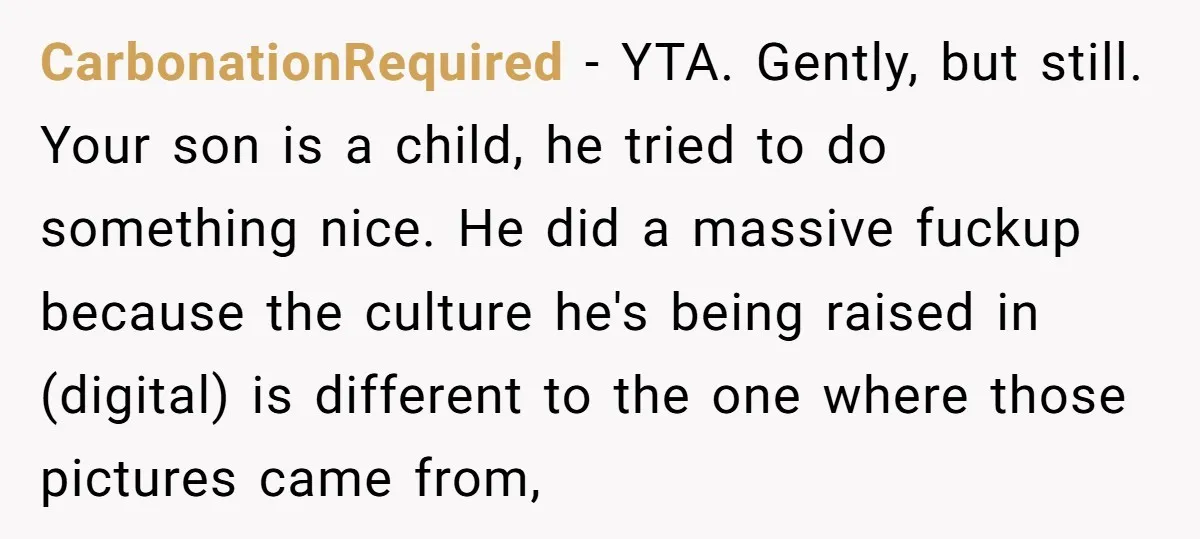 CarbonationRequired − YTA. Gently, but still. Your son is a child, he tried to do something nice. He did a massive fuckup because the culture he's being raised in (digital)...