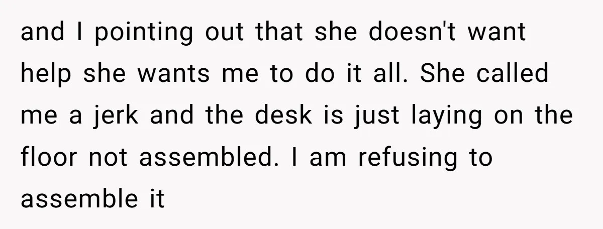 and I pointing out that she doesn't want help she wants me to do it all. She called me a jerk and the desk is just laying on the floor...