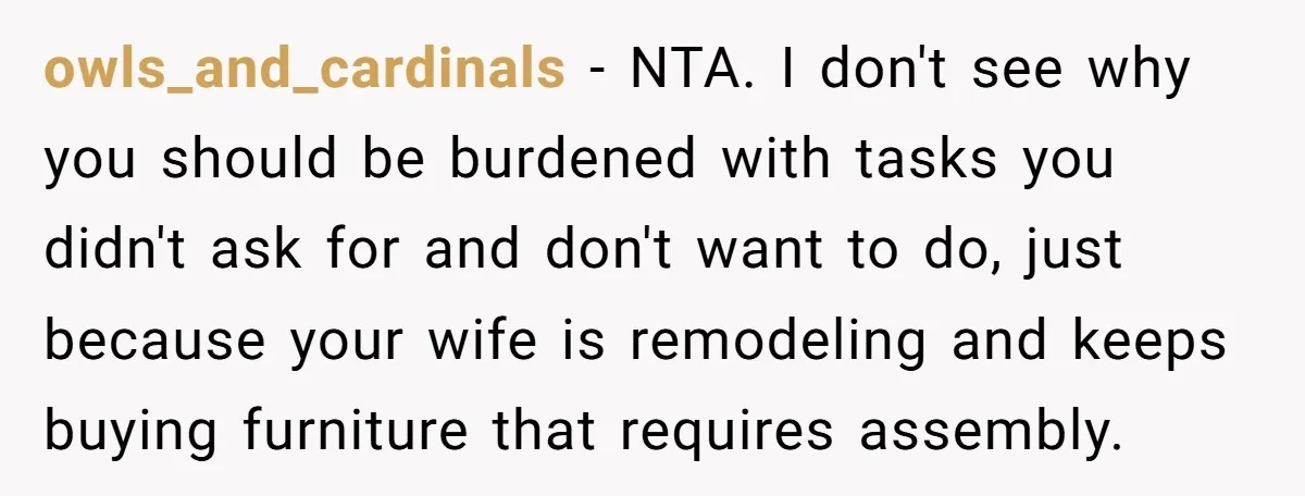 owls_and_cardinals − NTA. I don't see why you should be burdened with tasks you didn't ask for and don't want to do, just because your wife is remodeling and keeps...
