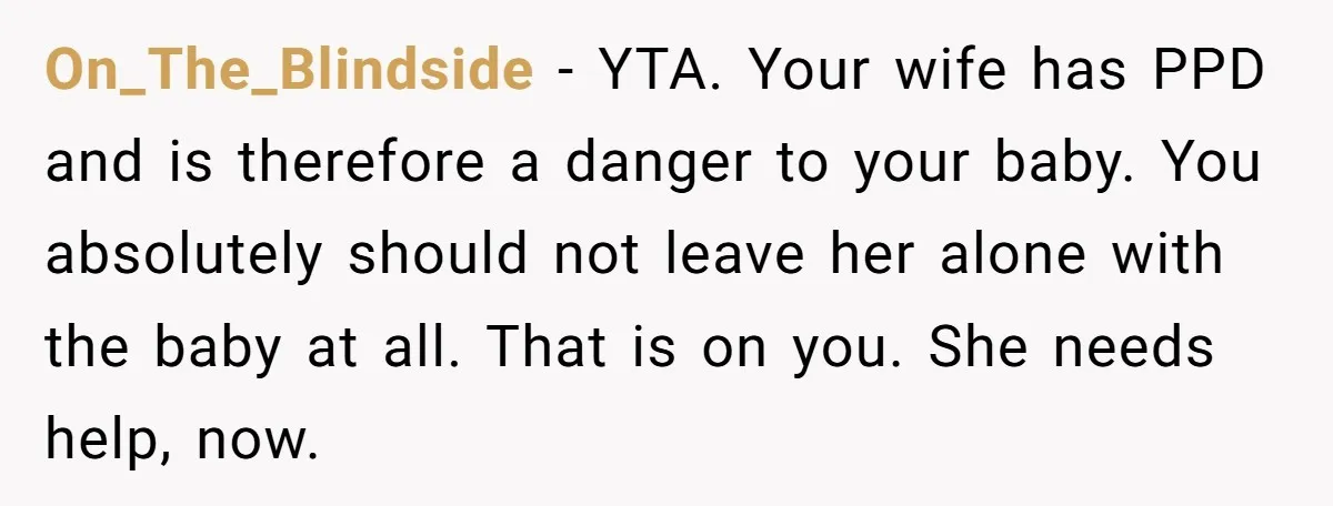 On_The_Blindside − YTA. Your wife has PPD and is therefore a danger to your baby. You absolutely should not leave her alone with the baby at all. That is on...