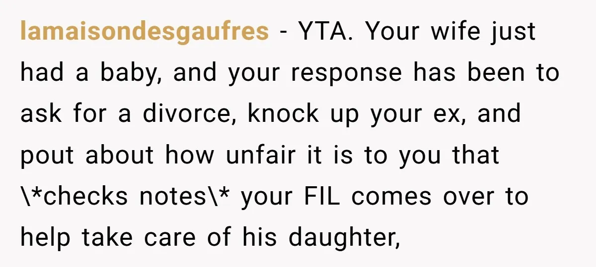lamaisondesgaufres − YTA. Your wife just had a baby, and your response has been to ask for a divorce, knock up your ex, and pout about how unfair it is...