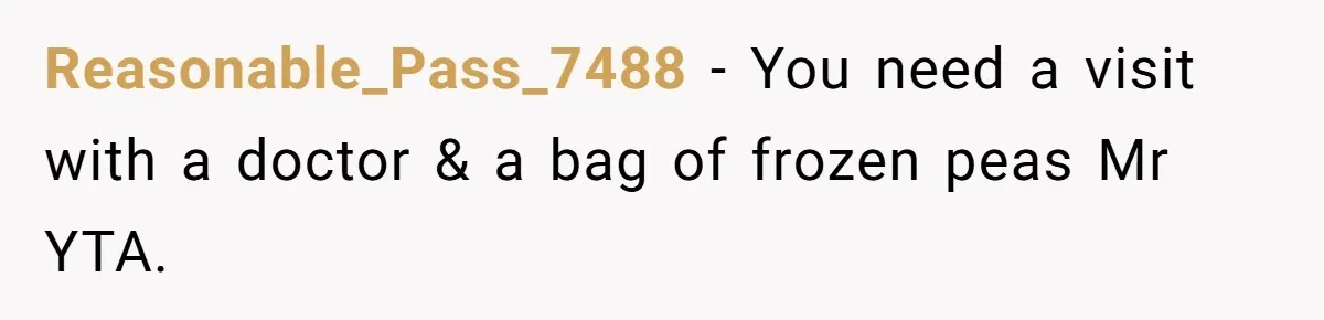Reasonable_Pass_7488 − You need a visit with a doctor & a bag of frozen peas Mr YTA.