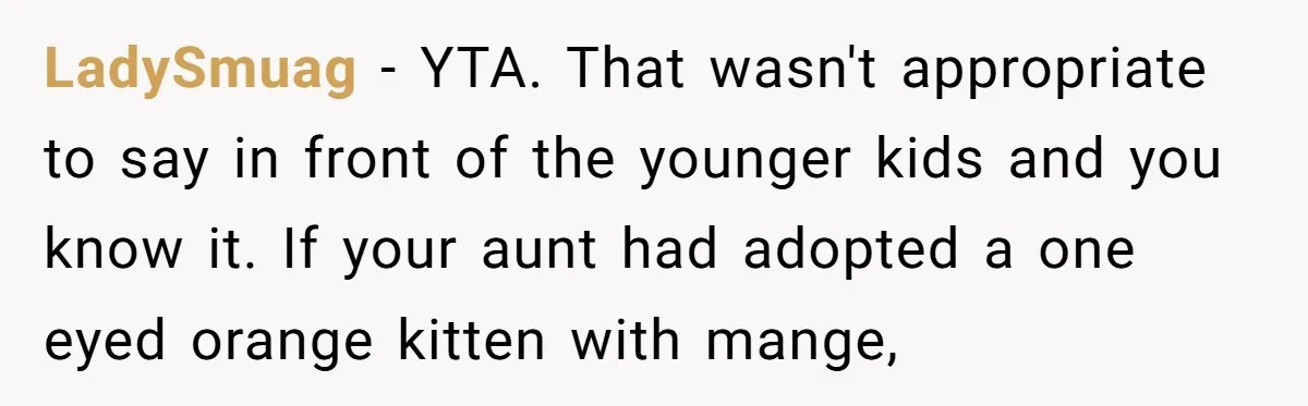 LadySmuag − YTA. That wasn't appropriate to say in front of the younger kids and you know it. If your aunt had adopted a one eyed orange kitten with mange,