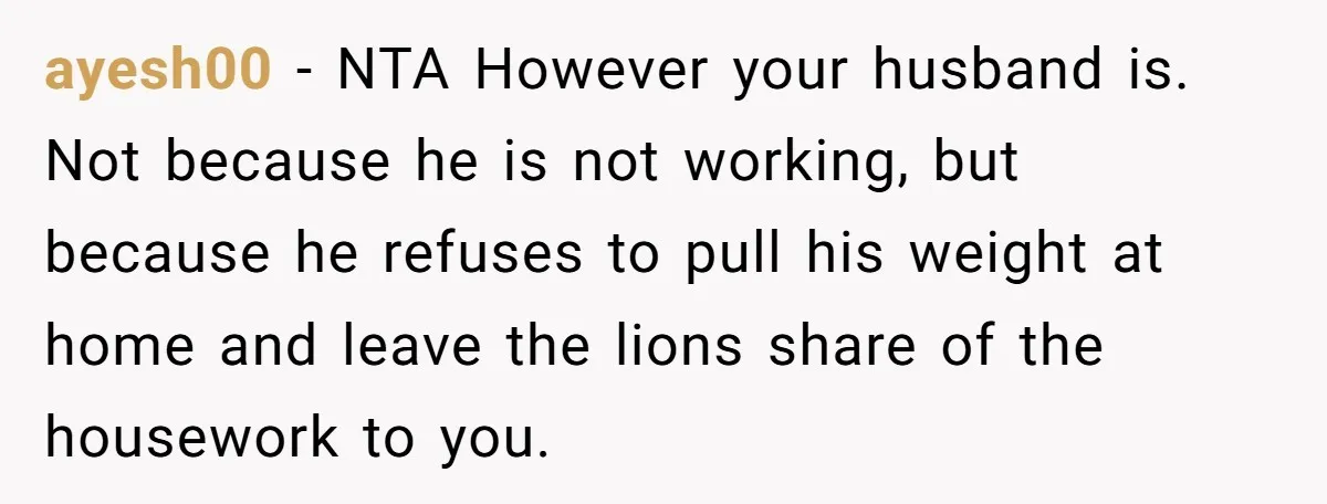 ayesh00 − NTA However your husband is. Not because he is not working, but because he refuses to pull his weight at home and leave the lions share of the...