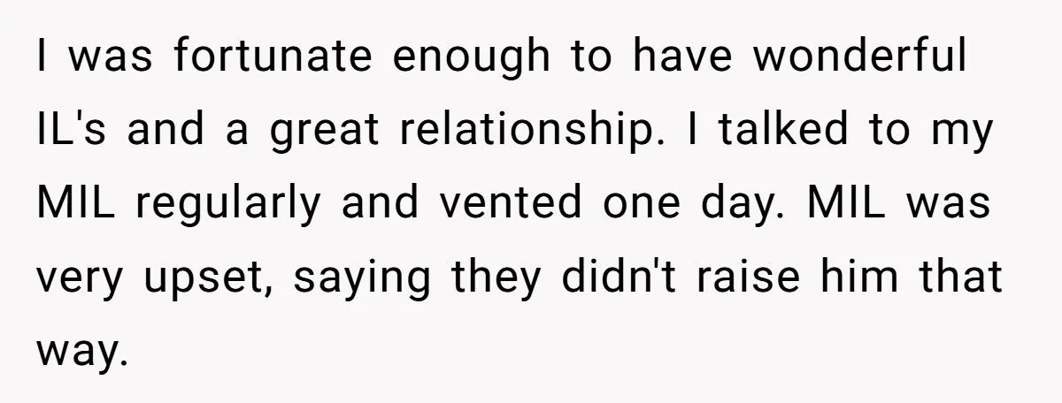 I was fortunate enough to have wonderful IL's and a great relationship. I talked to my MIL regularly and vented one day. MIL was very upset, saying they didn't raise...