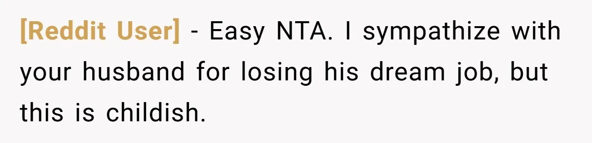 [Reddit User] − Easy NTA. I sympathize with your husband for losing his dream job, but this is childish.