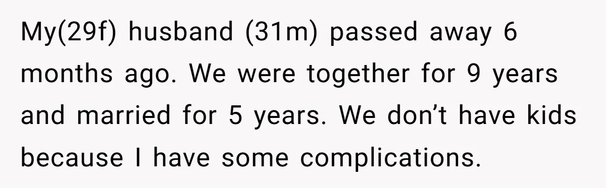 My(29f) husband (31m) passed away 6 months ago. We were together for 9 years and married for 5 years. We don’t have kids because I have some complications.