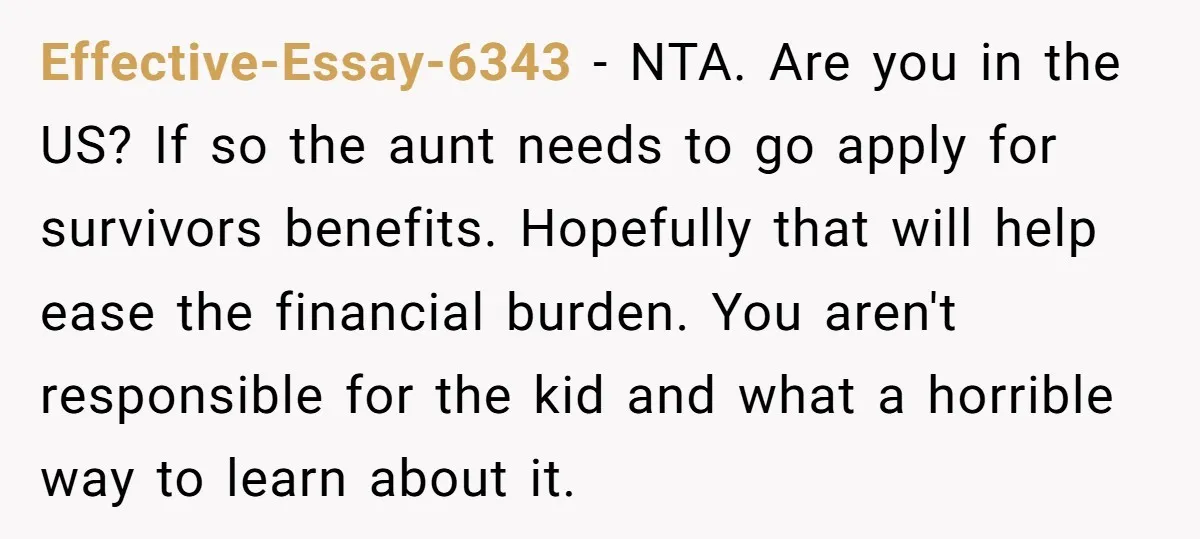 Effective-Essay-6343 − NTA. Are you in the US? If so the aunt needs to go apply for survivors benefits. Hopefully that will help ease the financial burden. You aren't responsible...