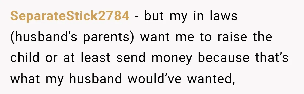 SeparateStick2784 − but my in laws (husband’s parents) want me to raise the child or at least send money because that’s what my husband would’ve wanted,