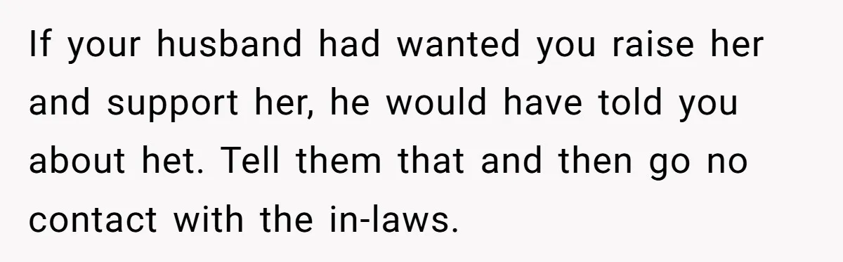 If your husband had wanted you raise her and support her, he would have told you about het. Tell them that and then go no contact with the in-laws.
