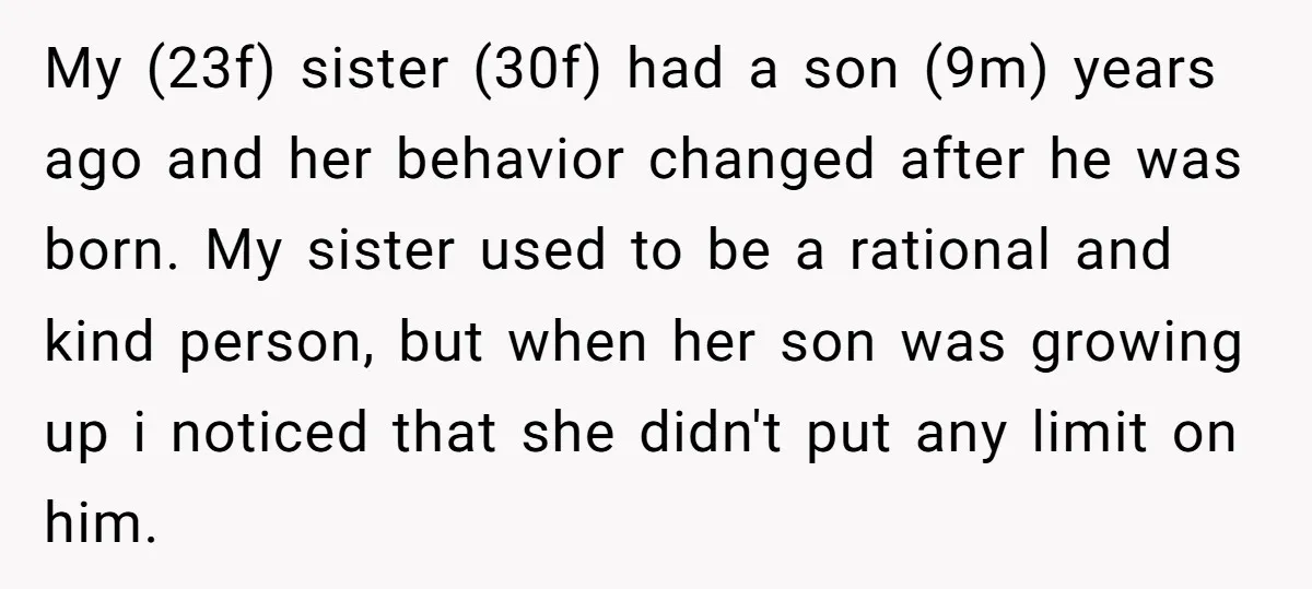 My (23f) sister (30f) had a son (9m) years ago and her behavior changed after he was born. My sister used to be a rational and kind person, but when...
