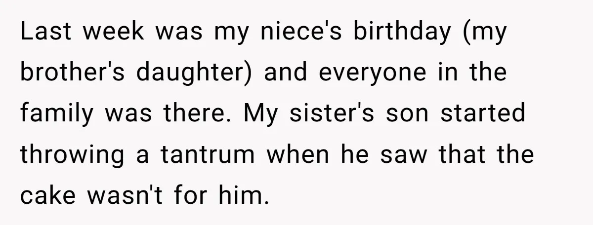 Last week was my niece's birthday (my brother's daughter) and everyone in the family was there. My sister's son started throwing a tantrum when he saw that the cake wasn't...