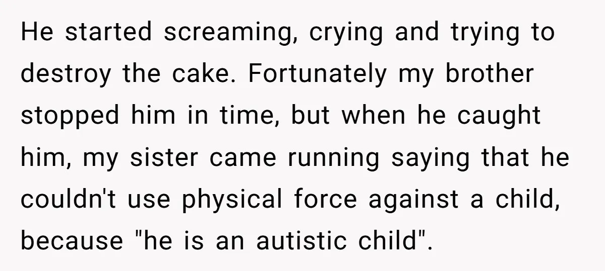 He started screaming, crying and trying to destroy the cake. Fortunately my brother stopped him in time, but when he caught him, my sister came running saying that he couldn't...