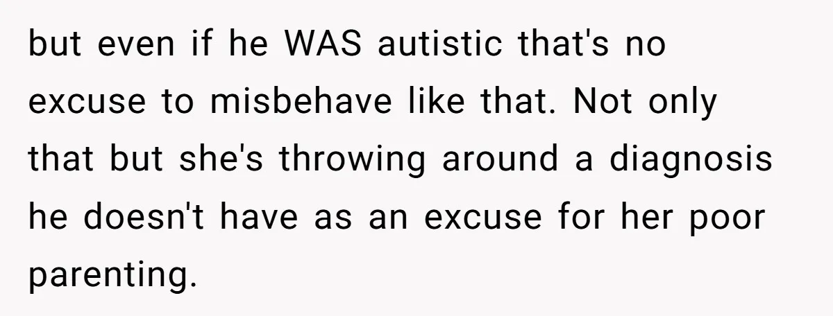 but even if he WAS autistic that's no excuse to misbehave like that. Not only that but she's throwing around a diagnosis he doesn't have as an excuse for her...