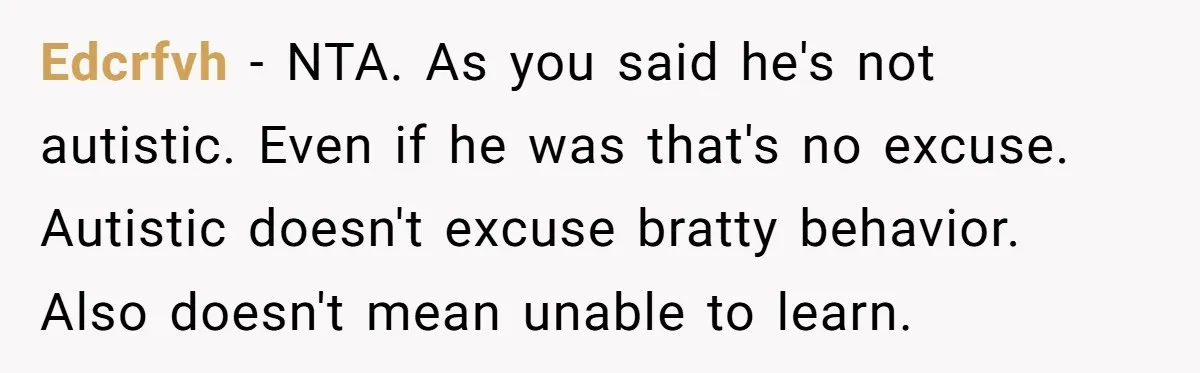 Edcrfvh − NTA. As you said he's not autistic. Even if he was that's no excuse. Autistic doesn't excuse bratty behavior. Also doesn't mean unable to learn.